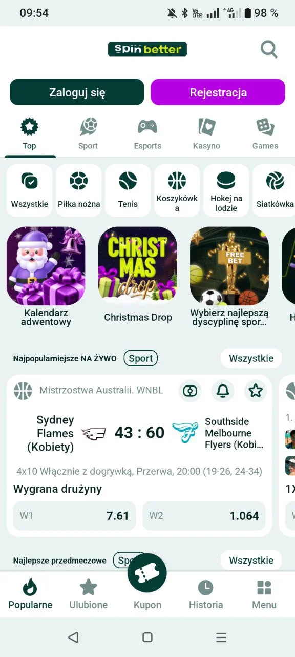 Ekran główny aplikacji mobilnej SpinBetter z kategoriami gier