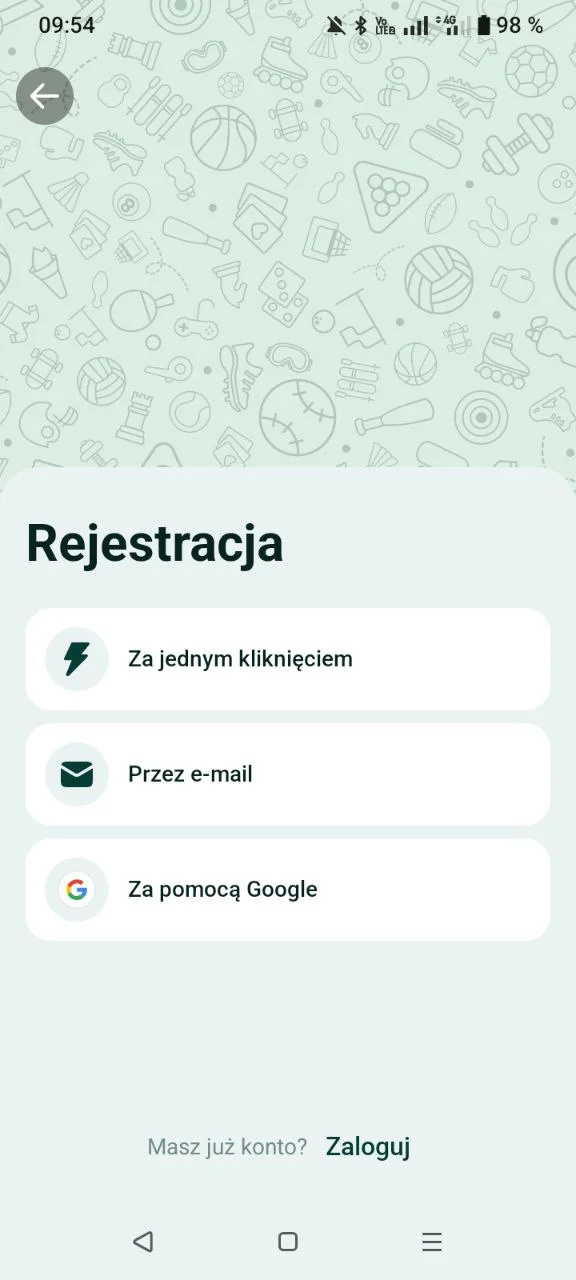 Ekran rejestracji w aplikacji mobilnej SpinBetter z trzema metodami
