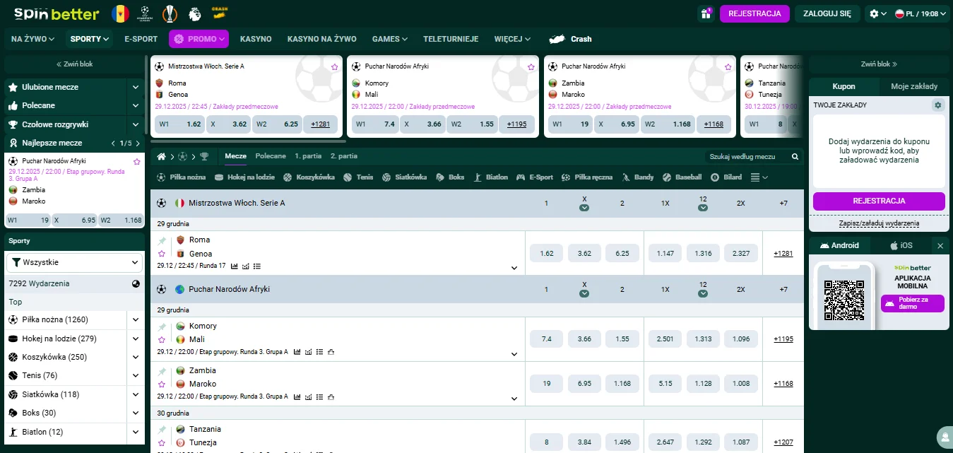 Panel bukmacherski SpinBetter z kursami Serie A i Pucharu Narodów Afryki