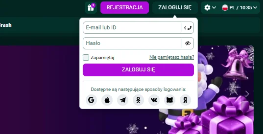 Panel logowania SpinBetter z polami e-mail i hasło oraz przyciskami social