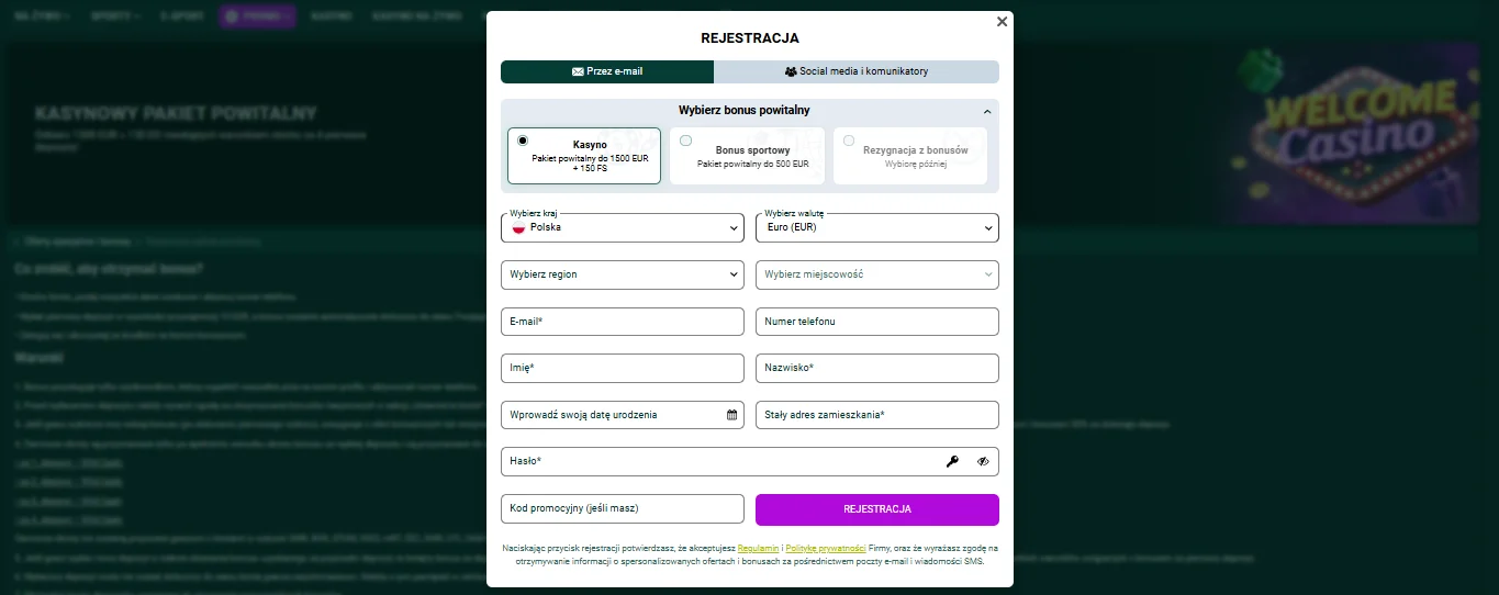Formularz rejestracji SpinBetter z trzema metodami zakładania konta